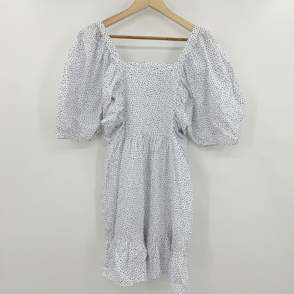 GB Polka Dot Mini‎ Brunch Dress Womens Large White Blue Puff Sleeve Ruffle